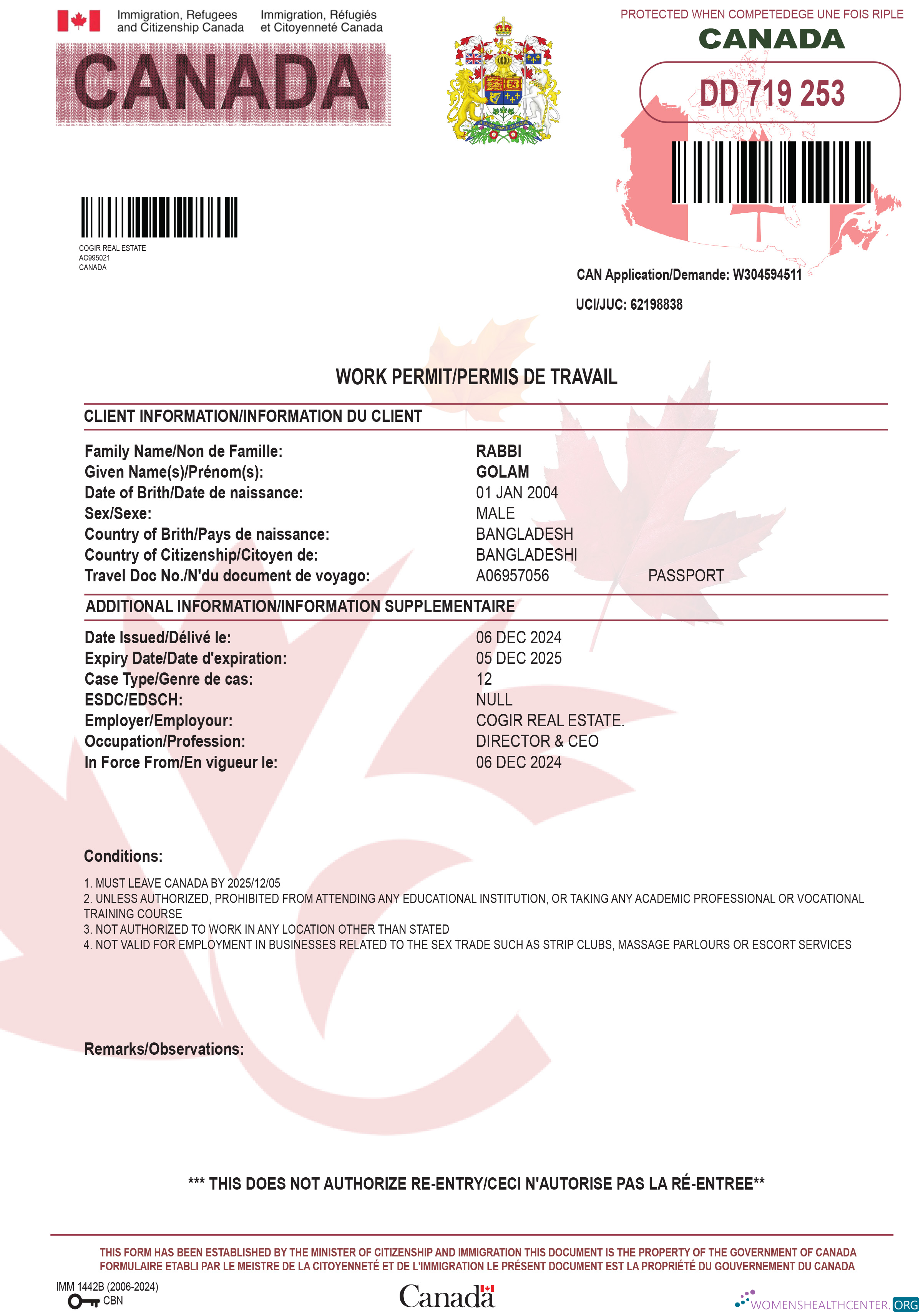 Download Canada work permit 2024 present Photoshop template
